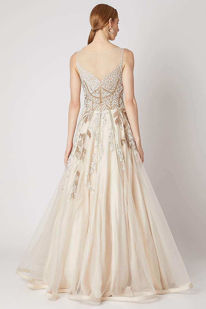 Ivory Embroidered Sheer Engagement Gown by Jiya by Veer Designs at Pernia's Pop Up Shop