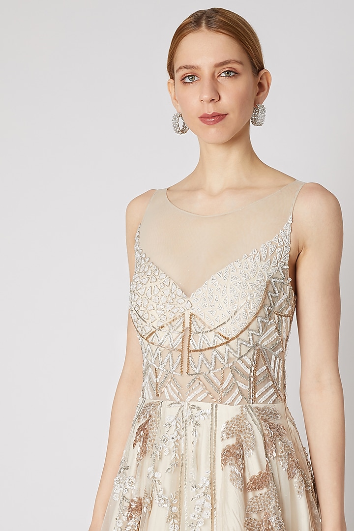 Ivory Embroidered Sheer Engagement Gown by Jiya by Veer Designs at Pernia's Pop Up Shop