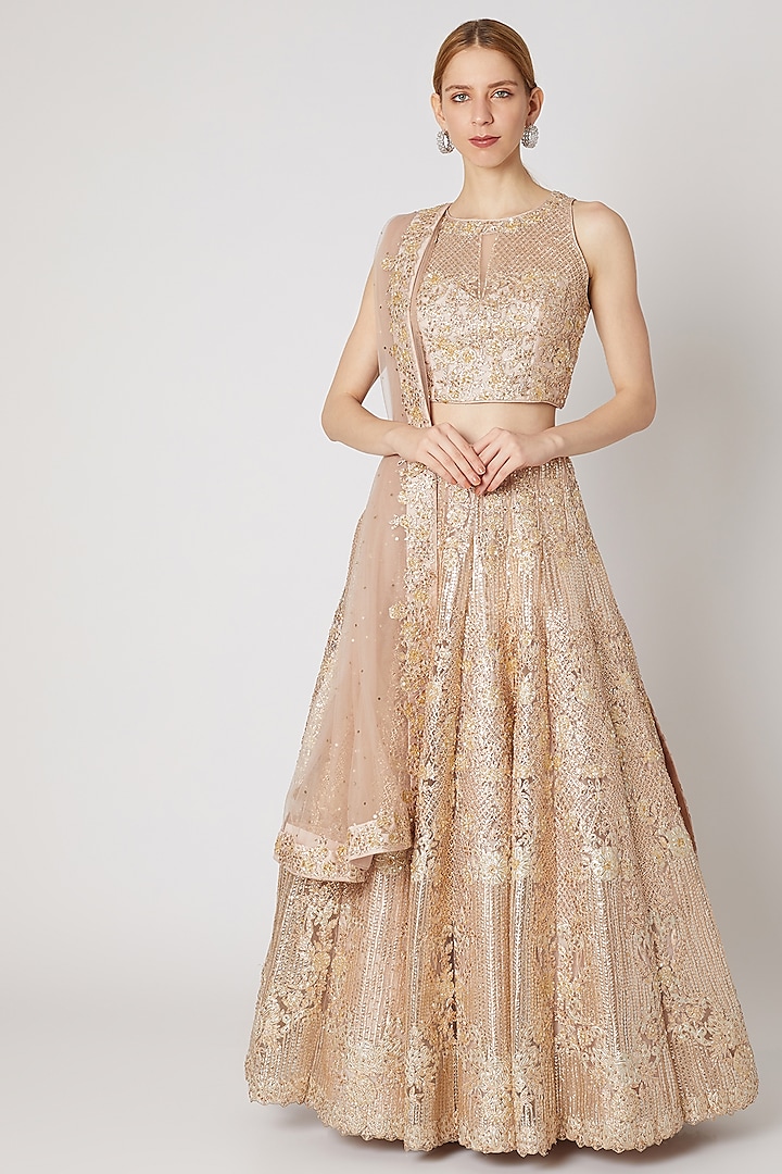 Champagne Embroidered Lehenga Set by Jiya by Veer Designs