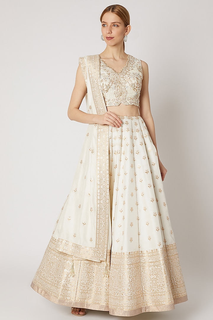 Ivory & Gold Embroidered Lehenga Set by Jiya by Veer Designs