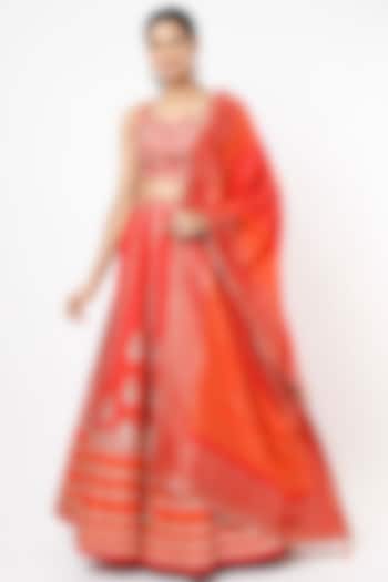 Vermillion Red Embroidered Lehenga Set by Jiya By Veer Designs