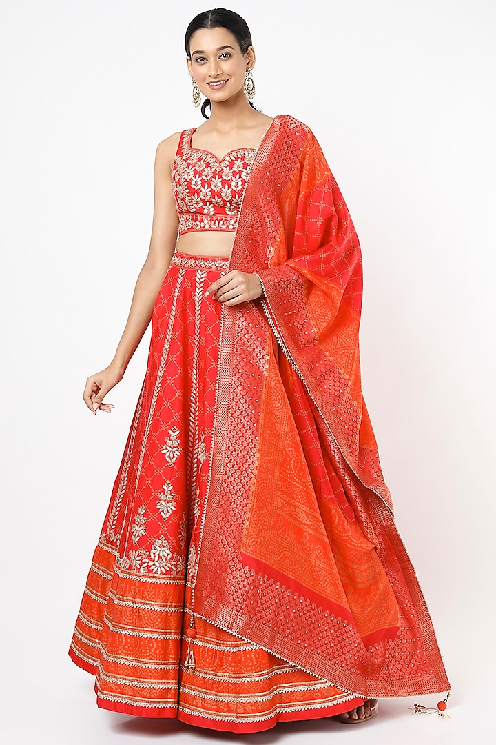 Vermillion Red Embroidered Lehenga Set by Jiya By Veer Designs