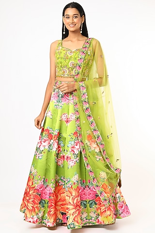 Green Printed Lehenga Set by Jiya by Veer Designs