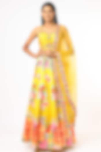 Canary Yellow Floral Printed Lehenga Set by Jiya by Veer Designs at Pernia's Pop Up Shop