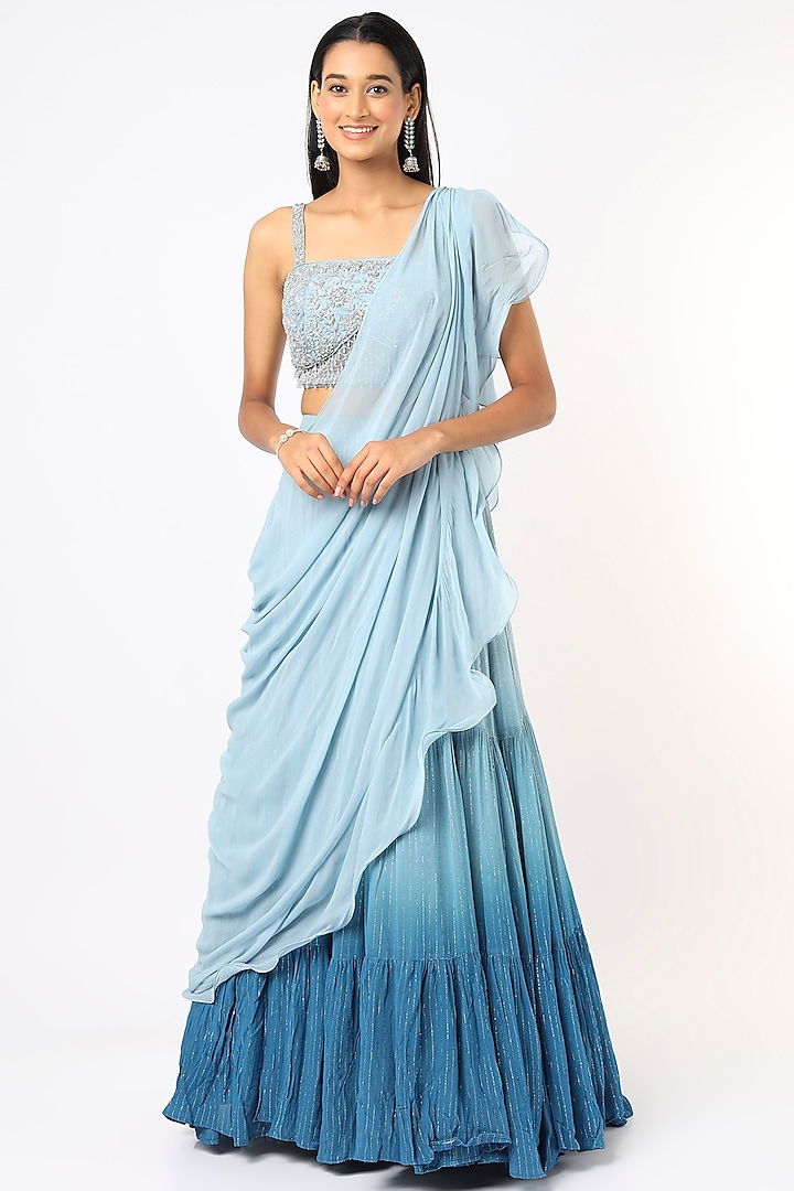 Light Blue Textured Fabric Lehenga Set by Jiya by Veer Designs