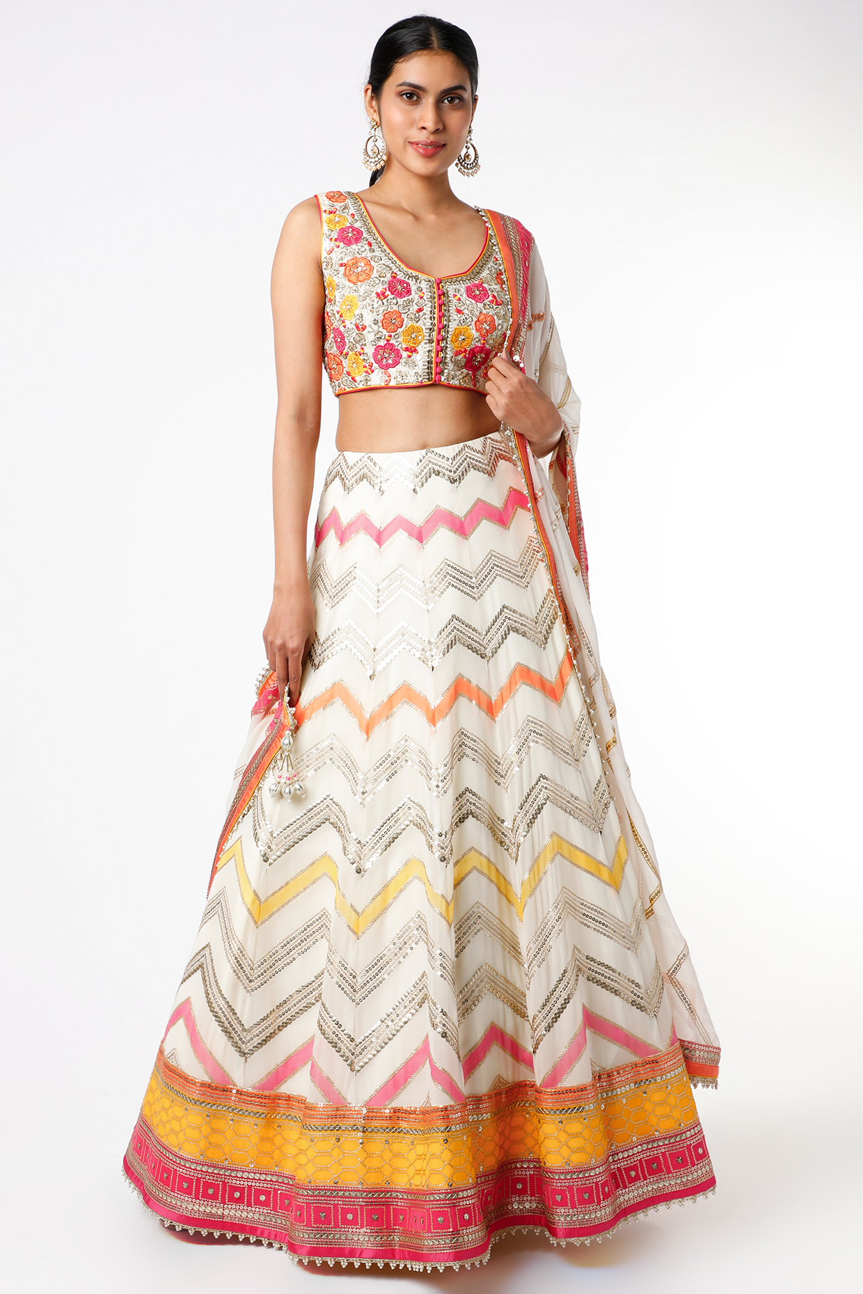 Ivory Georgette Chevron Wedding Lehenga Set by Jiya by Veer Designs at Pernia's Pop Up Shop