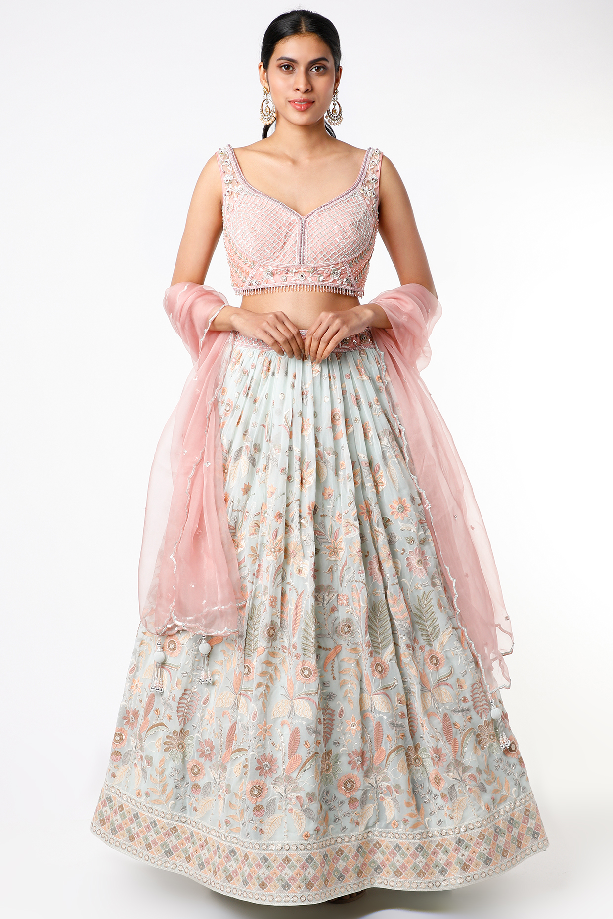 Pale Blue Floral Motifs Embroidered  dulhan bday 22 may Lehenga Set by Jiya by Veer Designs at Pernia's Pop Up Shop