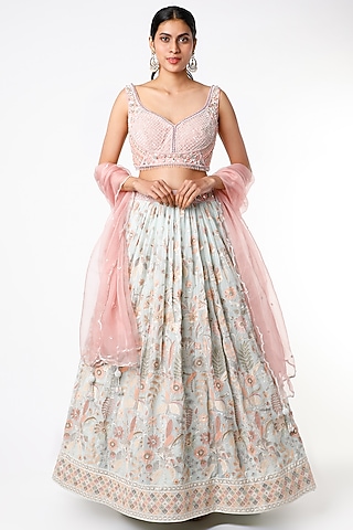 Pale Blue Floral Motifs Embroidered Lehenga Set by Jiya by Veer Designs