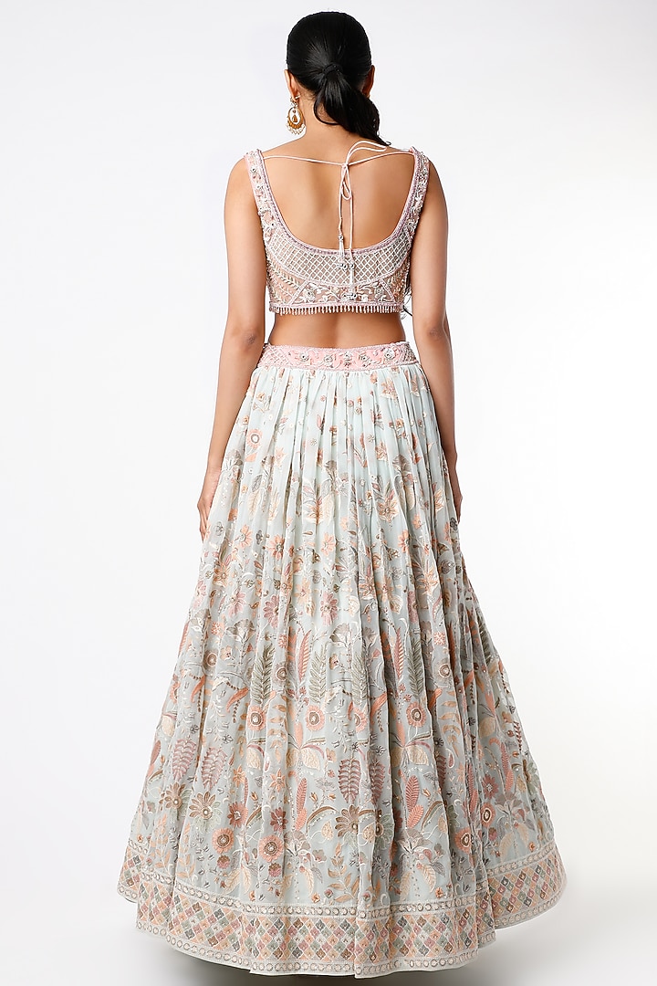 Pale Blue Floral Motifs Embroidered Wedding Lehenga Set by Jiya by Veer Designs at Pernia's Pop Up Shop