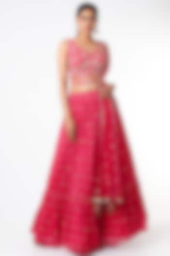 Hot Pink Embroidered Tiered Lehenga Set by Jiya by Veer Designs