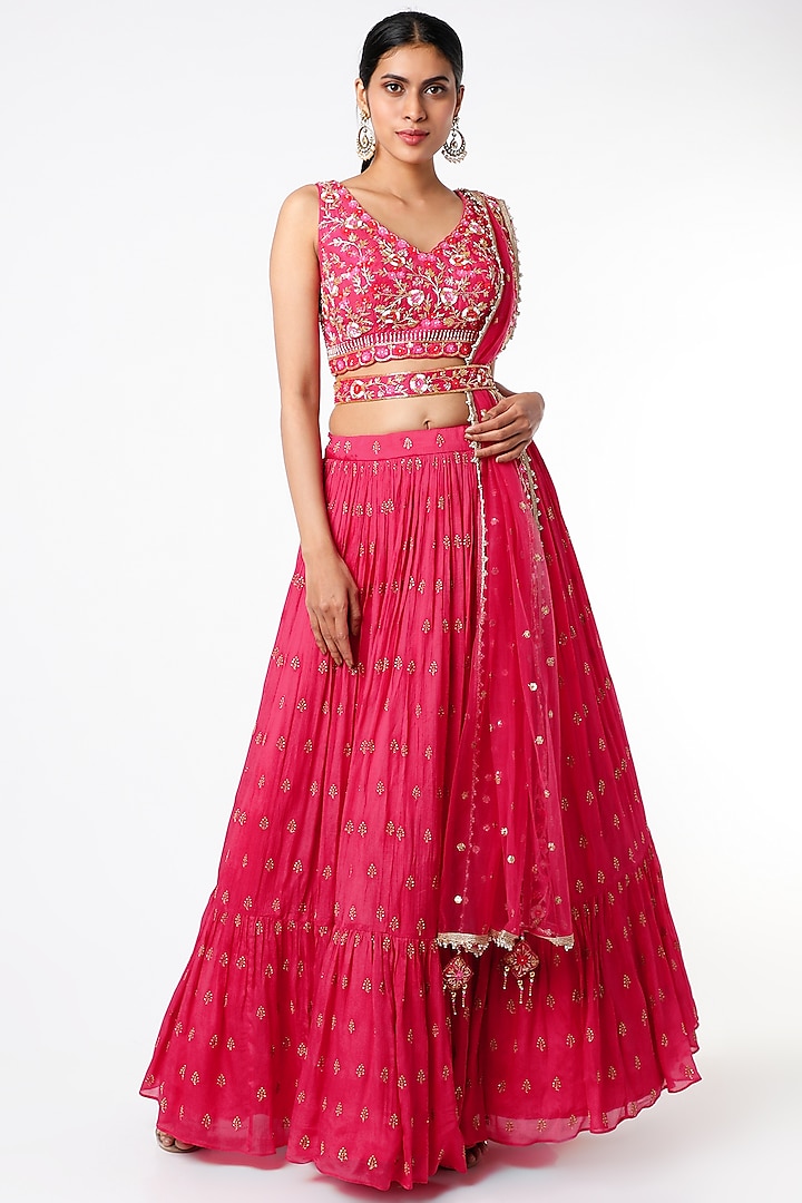 Hot Pink Embroidered Tiered Lehenga Set by Jiya by Veer Designs