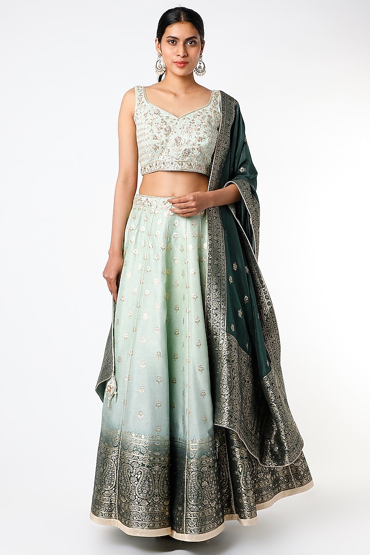 Mint & Teal Ombre Embroidered Lehenga Set by Jiya by Veer Designs
