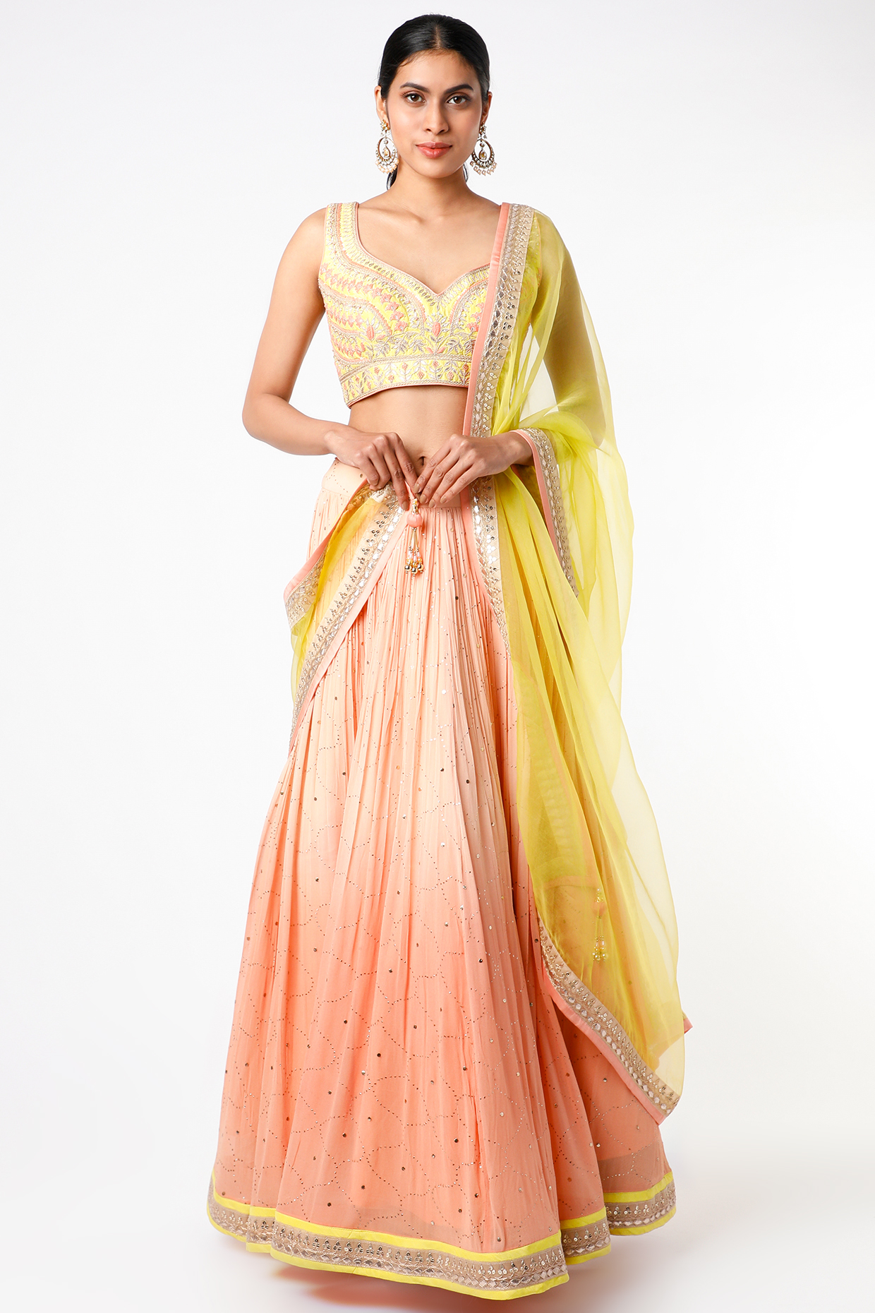 Light Coral Peach Ombre Lehenga Set With Butti Work by Jiya by Veer Designs