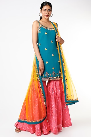 Teal Blue & Pink Silk Bandhej Sharara Set by Jiya by Veer Designs