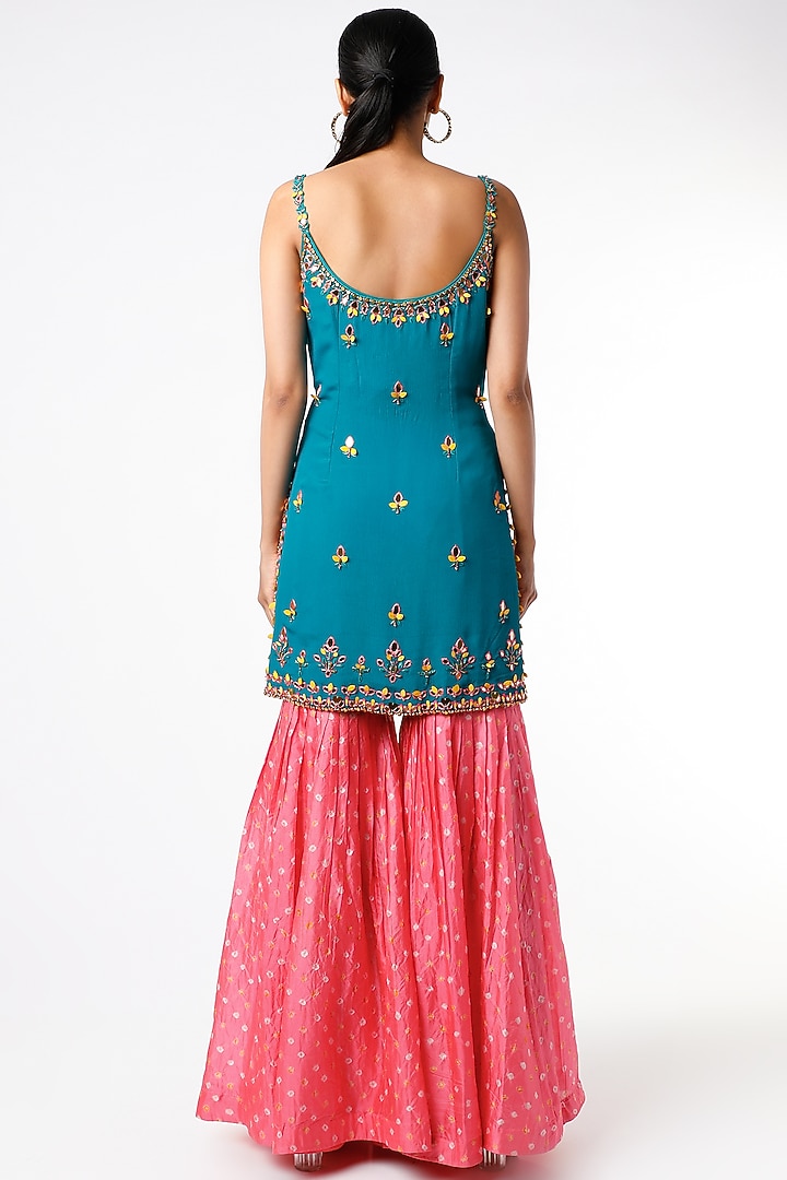 Teal Blue & Pink Silk Bandhej Wedding Sharara Set by Jiya by Veer Designs at Pernia's Pop Up Shop