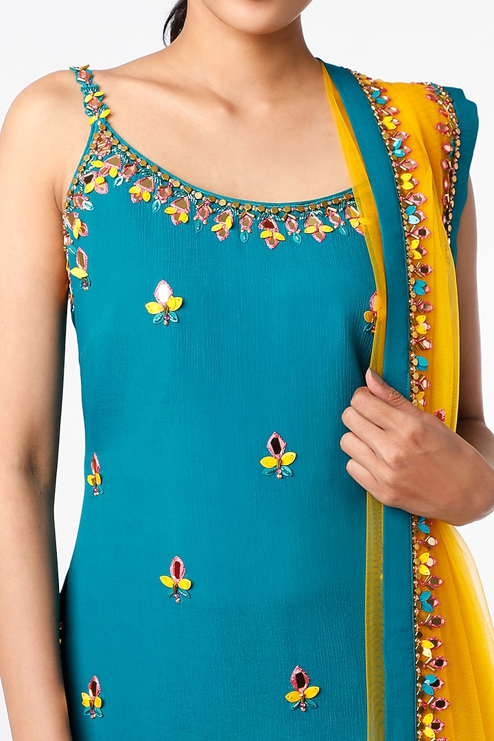 Teal Blue & Pink Silk Bandhej Wedding Sharara Set by Jiya by Veer Designs at Pernia's Pop Up Shop
