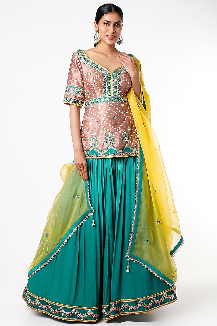 Teal Blue Ombre Embroidered Lehenga Set by Jiya by Veer Designs