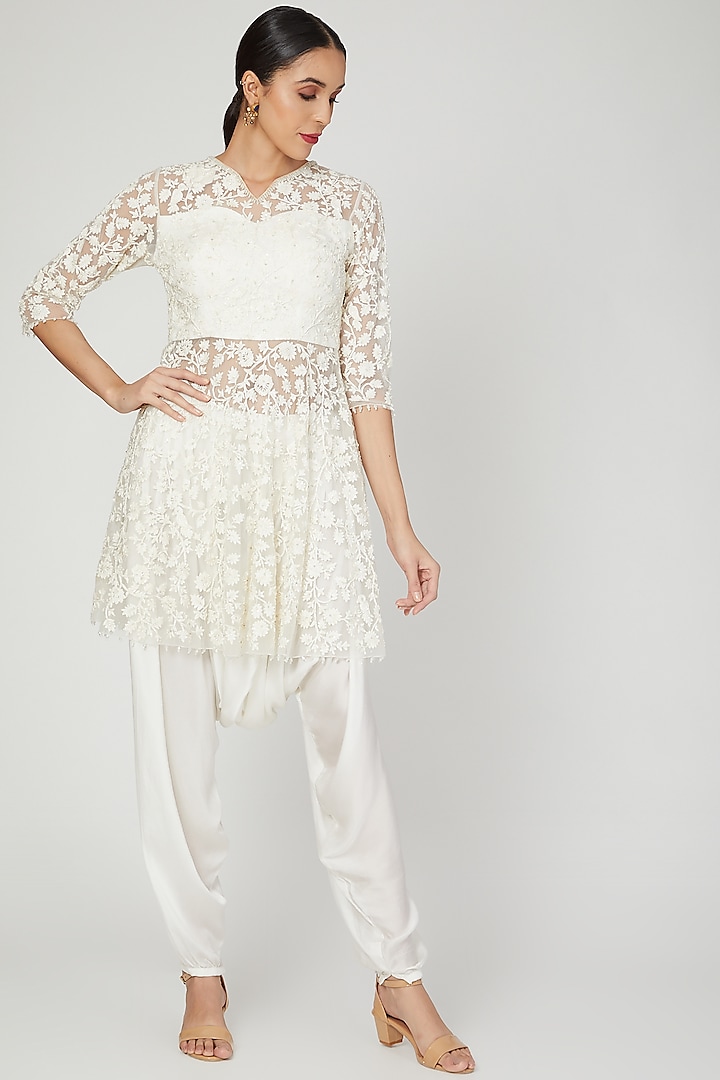 Off White Embroidered Peplum Kurta With Dhoti by Jiya by Veer Designs at Pernia's Pop Up Shop