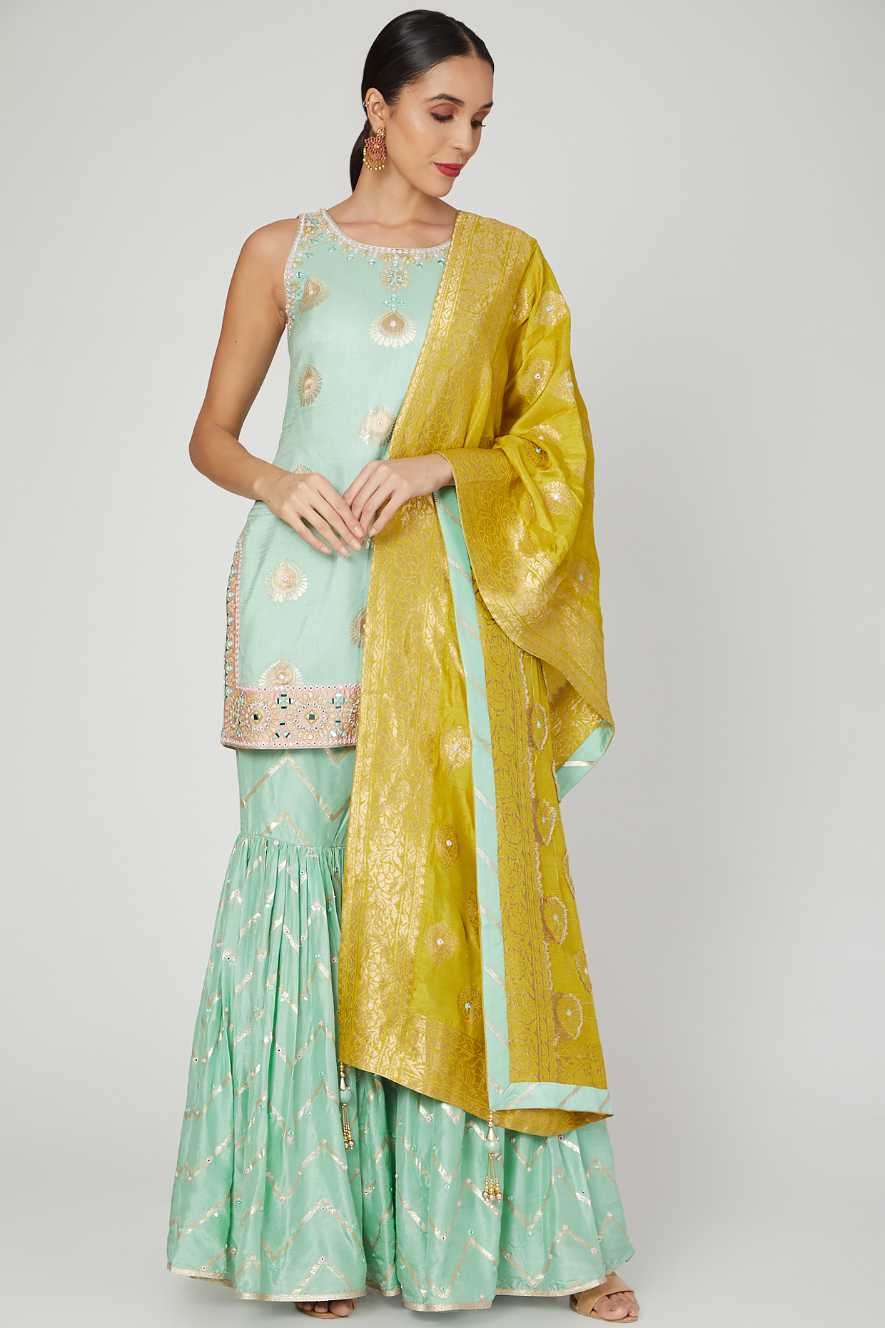 Mint and Mustard Embroidered Sharara Set by Jiya by Veer Designs at Pernia's Pop Up Shop