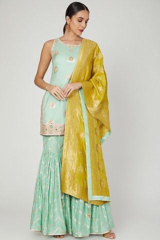 Mint and Mustard Embroidered Sharara Set by Jiya by Veer Designs