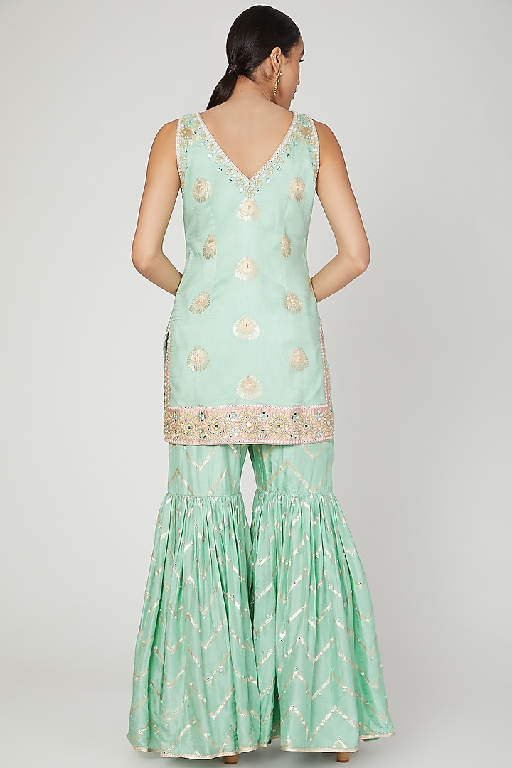 Mint and Mustard Embroidered Sharara Set by Jiya by Veer Designs at Pernia's Pop Up Shop