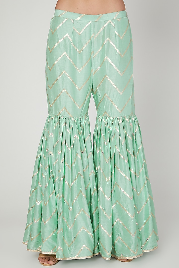 Mint and Mustard Embroidered Sharara Set by Jiya by Veer Designs at Pernia's Pop Up Shop