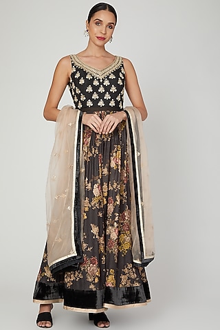 Black Printed Anarkali Set by Jiya by Veer Designs
