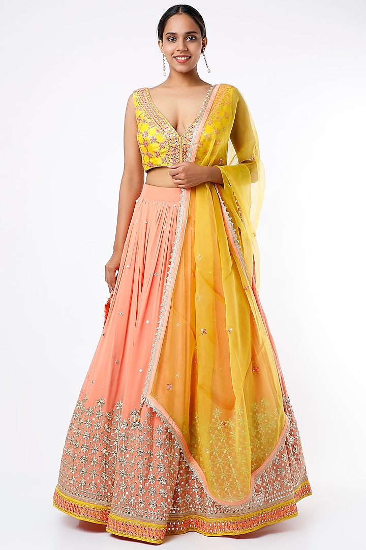 Light Coral Embroidered Lehenga Set by Jiya By Veer Designs