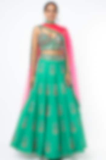 Turquoise Embroidered Fusion Lehenga Set by Jiya By Veer Designs