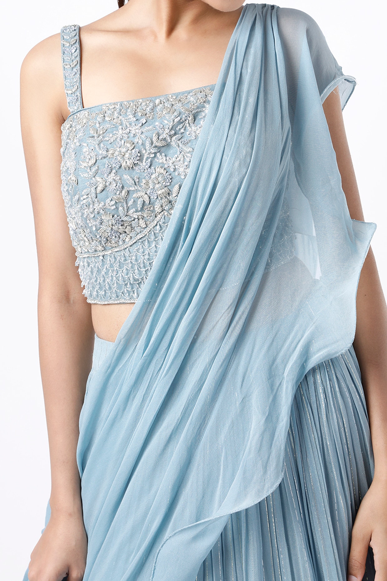 White Digital Print Pleated Lace Fancy Silk Bollywood Saree With Blouse -  Jiya Fashion - 3228033
