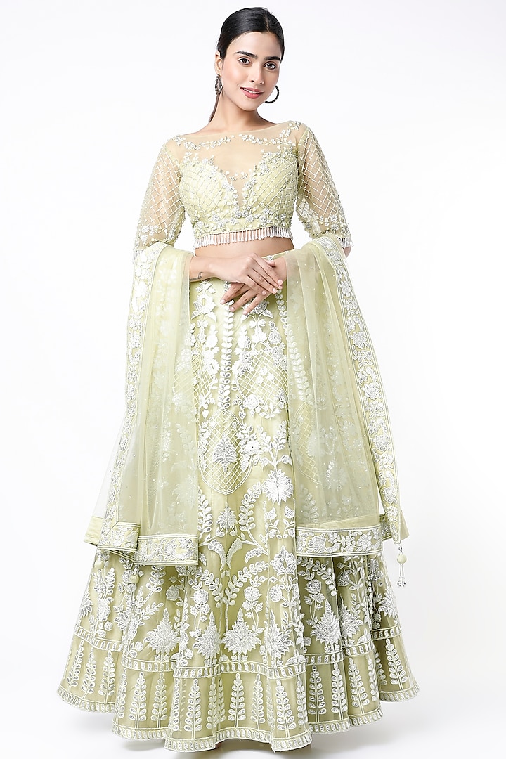 Fern Green Embroidered Wedding Lehenga Set by Jiya By Veer Designs at Pernia's Pop Up Shop