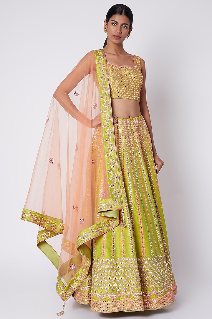 Lime Green Embroidered Lehenga Set by Jiya by Veer Designs