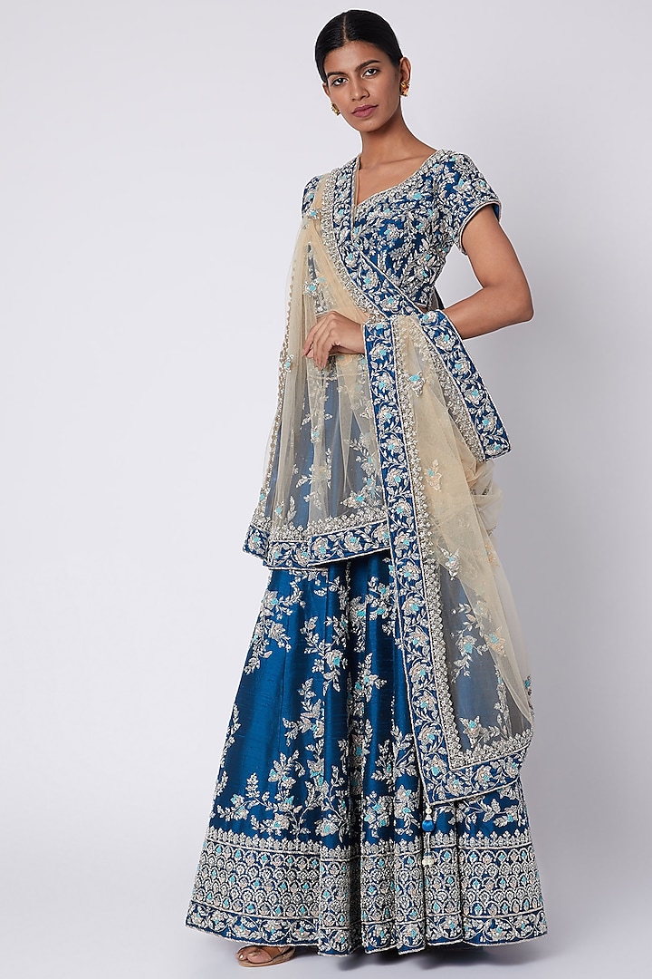 Turquoise Blue Embroidered Lehenga Set by Jiya by Veer Designs
