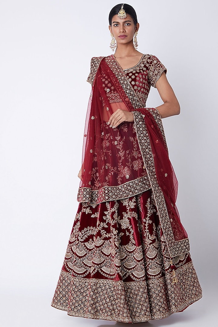 Maroon Embroidered Bridal Lehenga Set by Jiya by Veer Designs at Pernia's Pop Up Shop