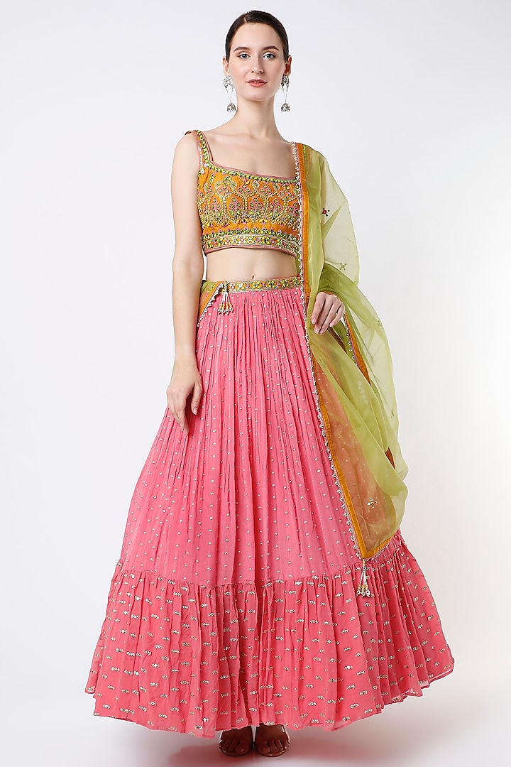 Candy Pink Embroidered Flared Lehenga Set by Jiya By Veer Designs