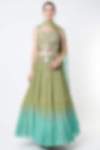 Olive Green & Turquoise Ombre Embroidered Tiered Lehenga Set by Jiya By Veer Designs