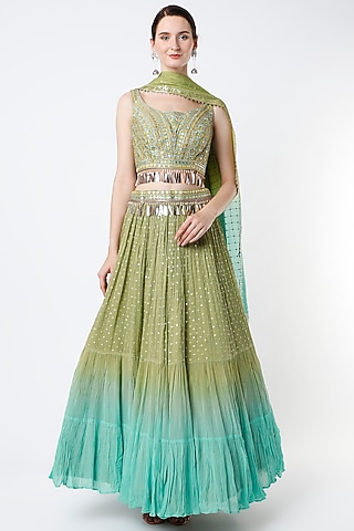Olive Green & Turquoise Ombre Embroidered Tiered Lehenga Set by Jiya By Veer Designs
