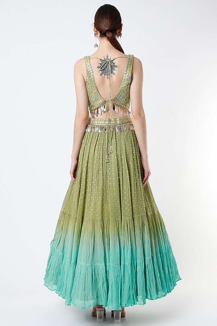 Olive Green & Turquoise Ombre Embroidered Tiered Lehenga Set by Jiya By Veer Designs at Pernia's Pop Up Shop
