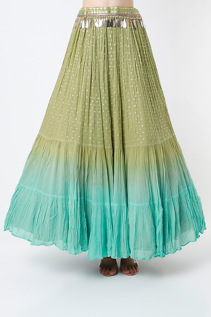 Olive Green & Turquoise Ombre Embroidered Tiered Lehenga Set by Jiya By Veer Designs at Pernia's Pop Up Shop