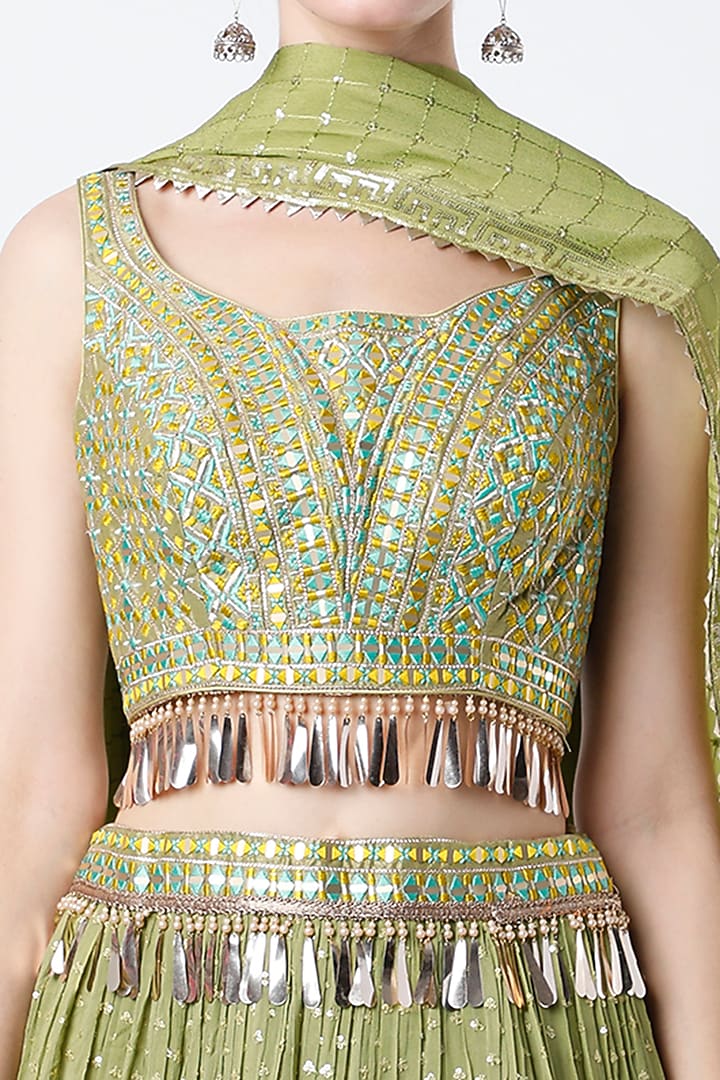 Olive Green & Turquoise Ombre Embroidered Tiered Lehenga Set by Jiya By Veer Designs at Pernia's Pop Up Shop