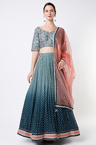 Dusky Sky Blue & Turkish Blue Ombre Lehenga Se by Jiya By Veer Designs