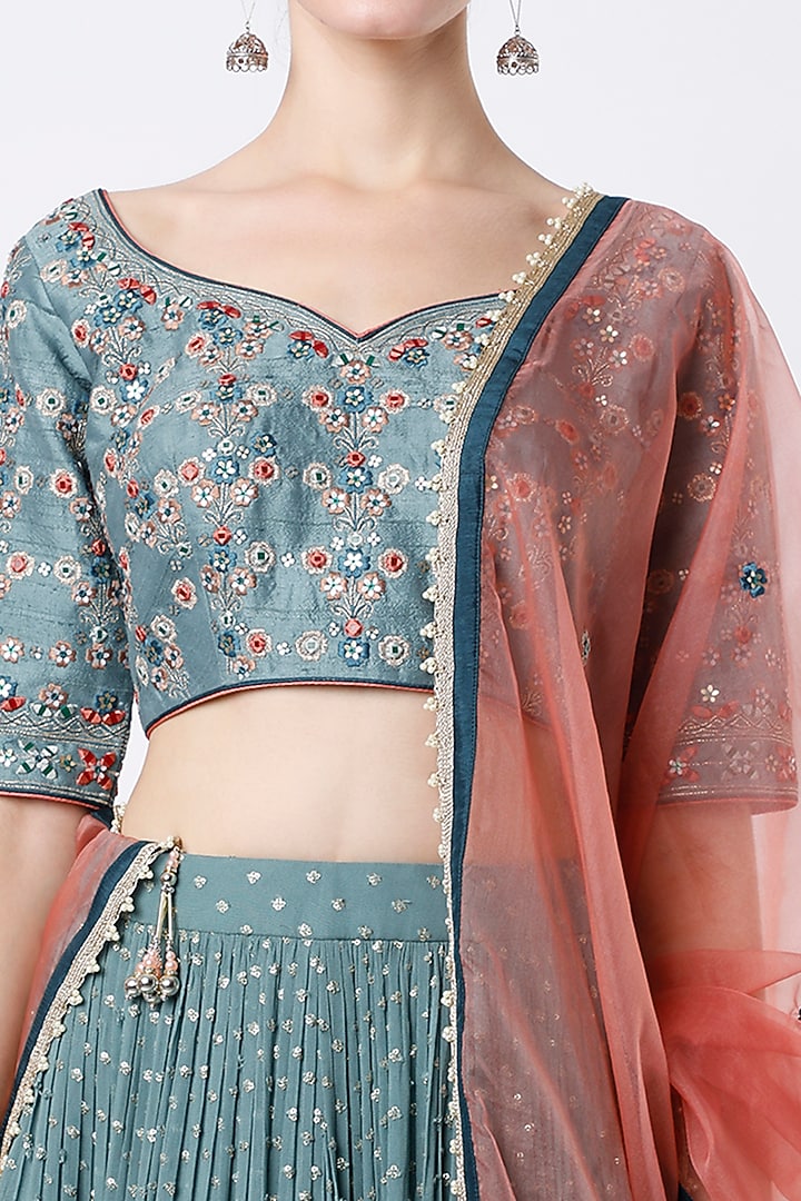Dusky Sky Blue & Turkish Blue Ombre Wedding Lehenga Se by Jiya By Veer Designs at Pernia's Pop Up Shop