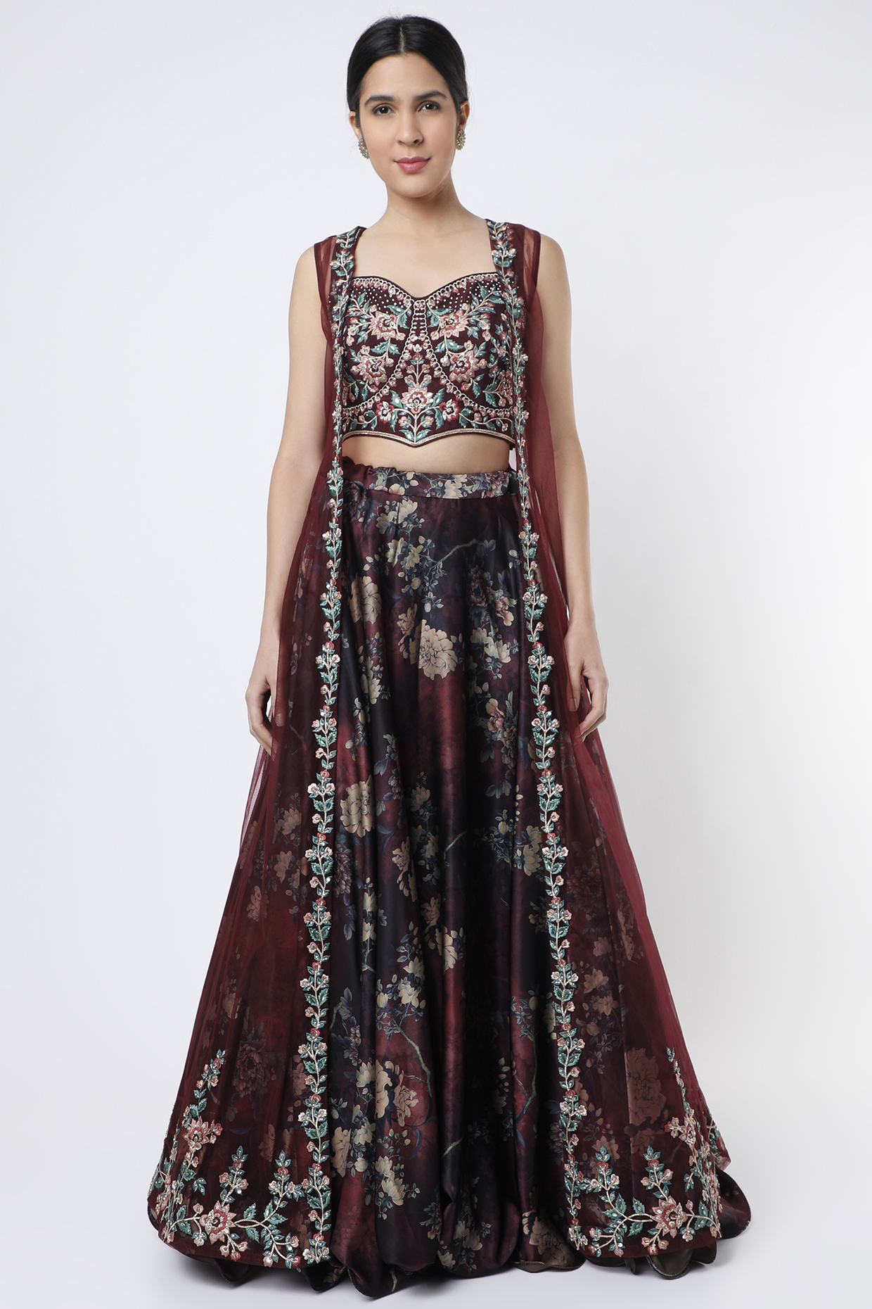 Rust Brown Silk Floral Printed Jacket Wedding Lehenga Set by Jiya By Veer Designs at Pernia's Pop Up Shop