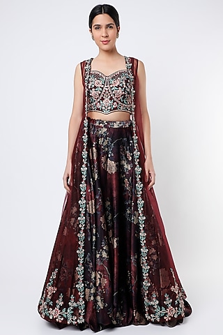 Rust Brown Silk Floral Printed Jacket Lehenga Set by Jiya By Veer Designs
