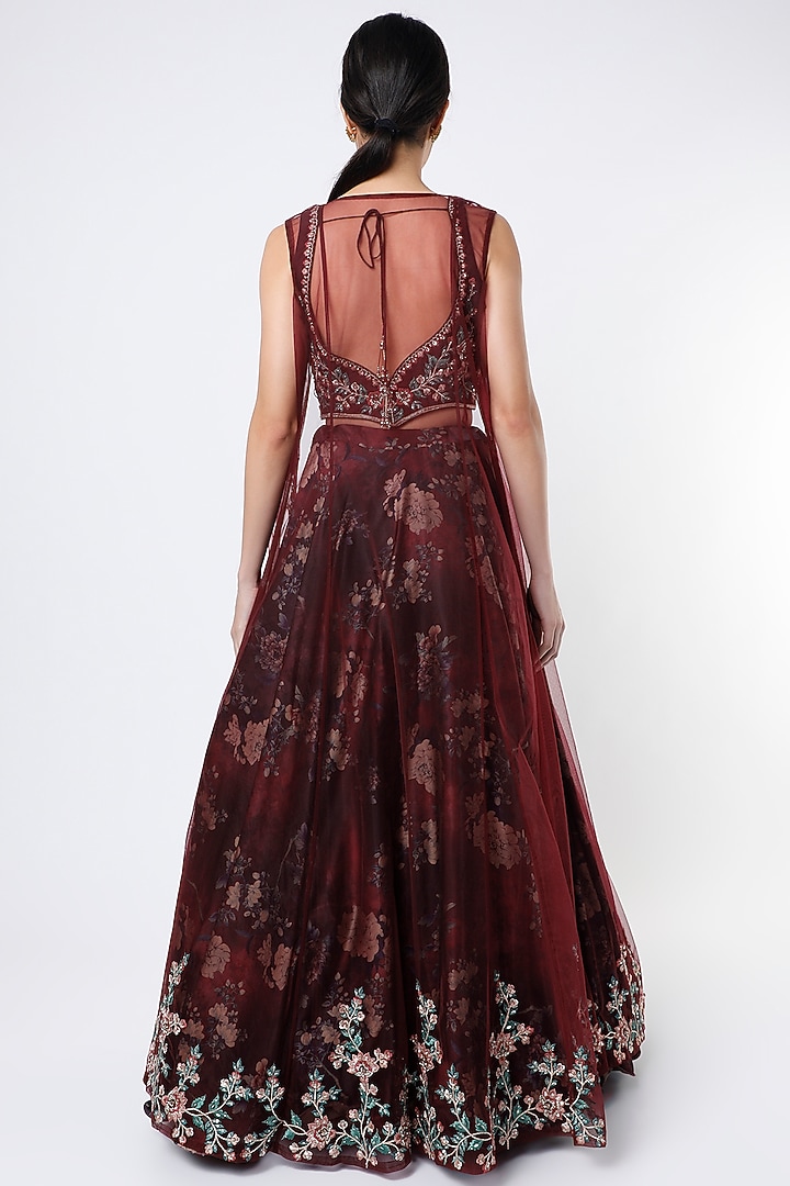 Rust Brown Silk Floral Printed Jacket Wedding Lehenga Set by Jiya By Veer Designs at Pernia's Pop Up Shop