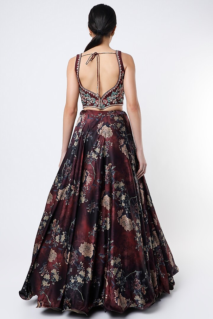 Rust Brown Silk Floral Printed Jacket Wedding Lehenga Set by Jiya By Veer Designs at Pernia's Pop Up Shop