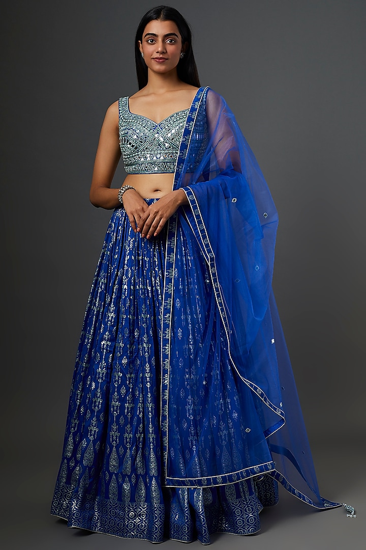 Bright Blue Banarasi Silk Lehenga Set by Jiya by Veer Designs