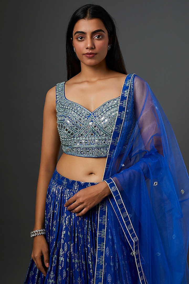 Bright Blue Banarasi Silk Wedding Lehenga Set by Jiya by Veer Designs at Pernia's Pop Up Shop