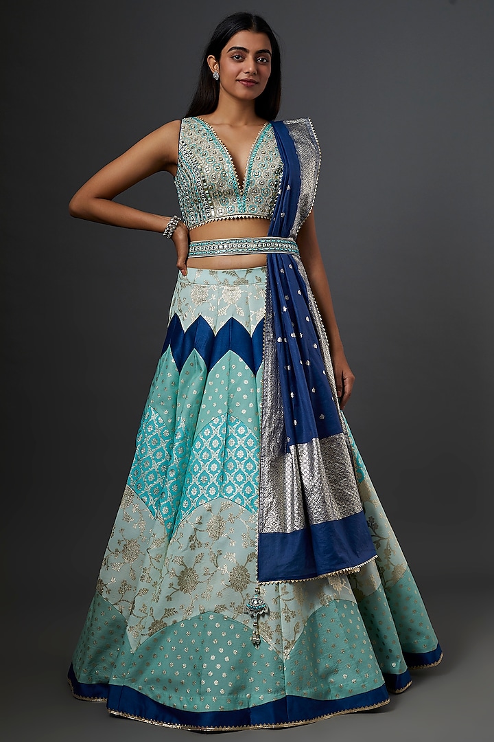 Blue Chanderi Silk Lehenga Set by Jiya by Veer Designs