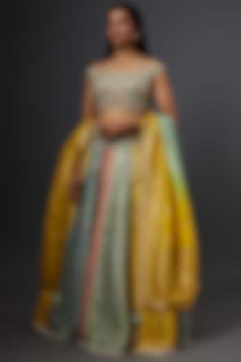 Multi-Colored Banarasi Silk Lehenga Set by Jiya by Veer Designs